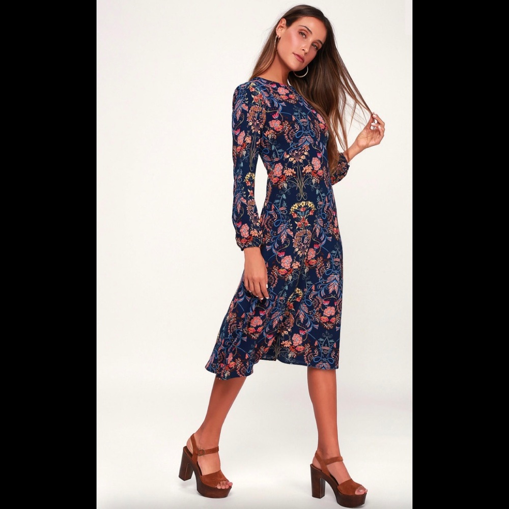 Lulus Garden Splendor Print Navy Blue Dress
